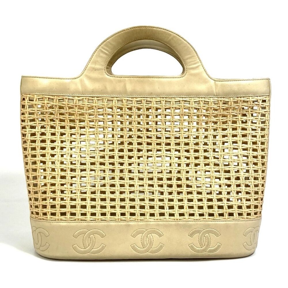 CHANEL CC CC Mark Basket Straw Bag Inner pouch Hand Bag Straw / Leather Beige